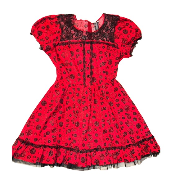 Hot Topic Dresses & Skirts - Hot Topic 2XL Red Steampunk Clock Print Pin Up Rockabilly Dress Lace Trim Ruffle